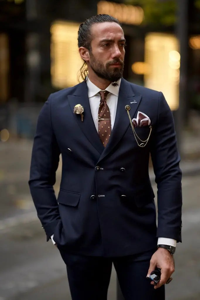 Jake Dark Blue Slim Fit Double Breasted Wool Suit brabion