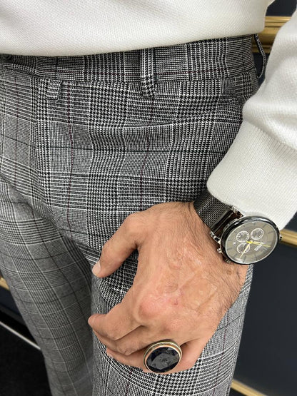 Berton Gray Black Slim Fit Plaid Pants for Any Occasion - BRABION