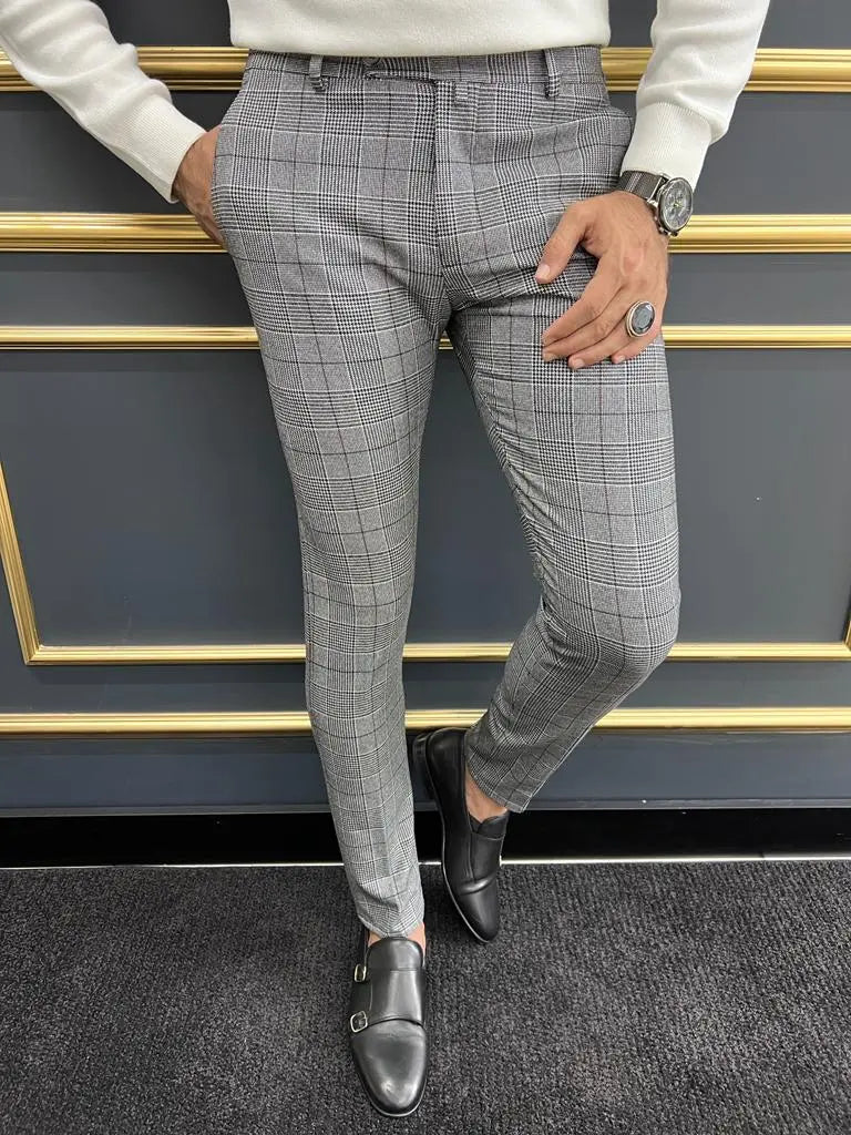 Berton Gray Black Slim Fit Plaid Pants for Any Occasion - BRABION