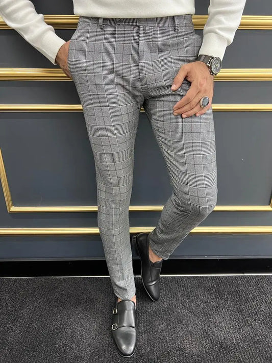 Berton Gray Black Slim Fit Plaid Pants for Any Occasion - BRABION