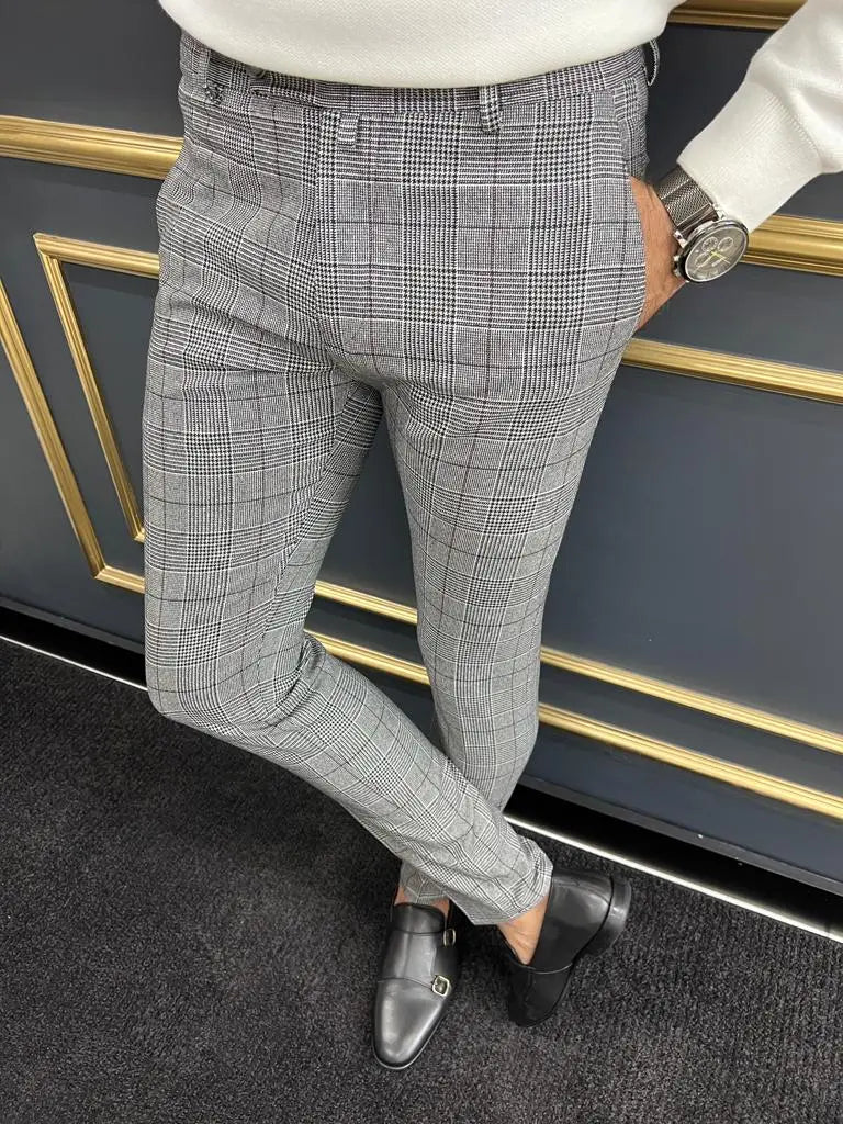 Berton Gray Black Slim Fit Plaid Pants for Any Occasion - BRABION