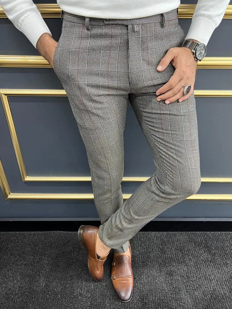 Berton Gray Burgundy Slim Fit Plaid Pants - BRABION