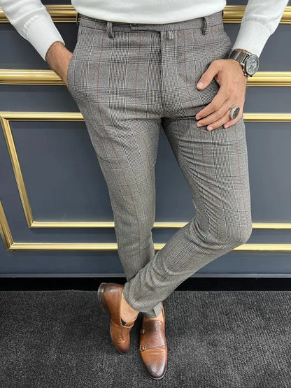 Berton Gray Burgundy Slim Fit Plaid Pants - BRABION