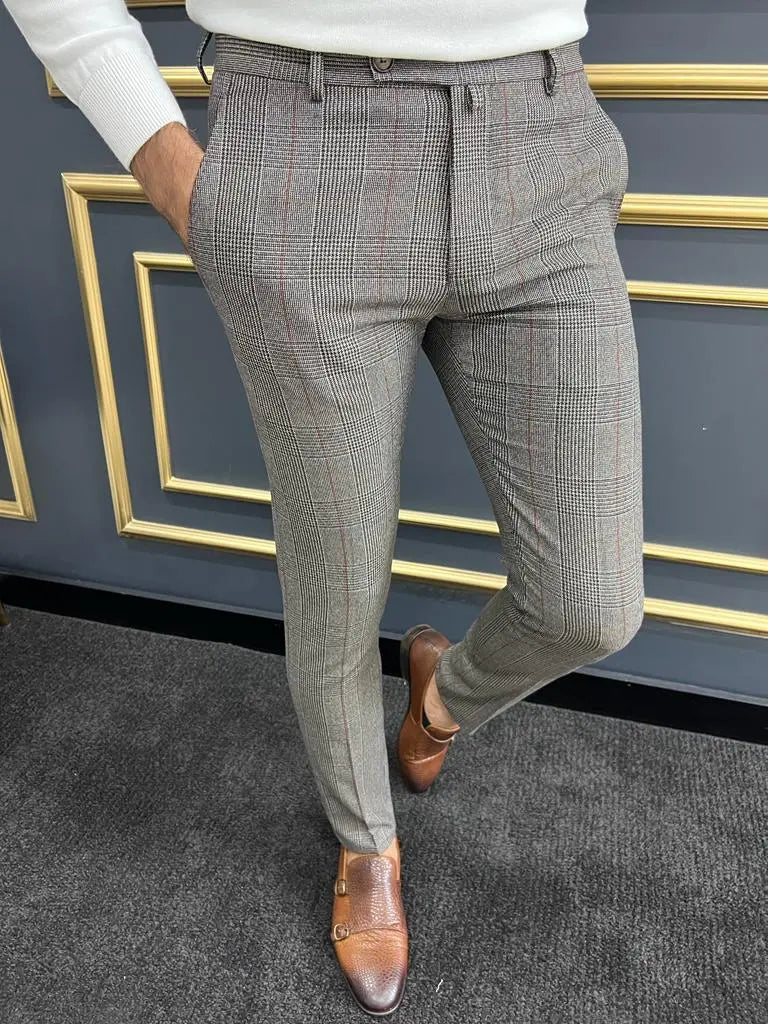 Berton Gray Burgundy Slim Fit Plaid Pants - BRABION