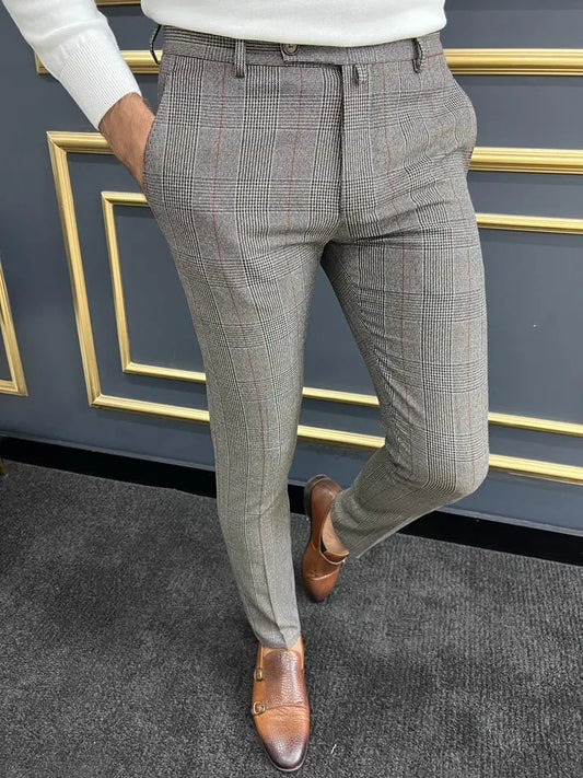 Berton Gray Burgundy Slim Fit Plaid Pants - BRABION