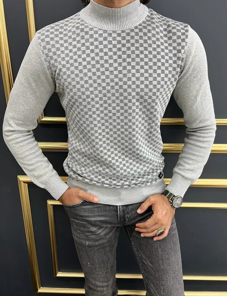 Vince Gray Slim Fit Patterned Monk Turtleneck Sweater - BRABION