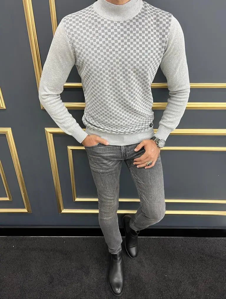 Vince Gray Slim Fit Patterned Monk Turtleneck Sweater - BRABION