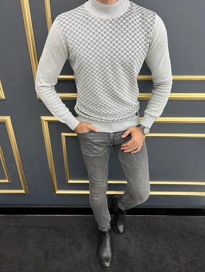 Vince Gray Slim Fit Patterned Monk Turtleneck Sweater - BRABION