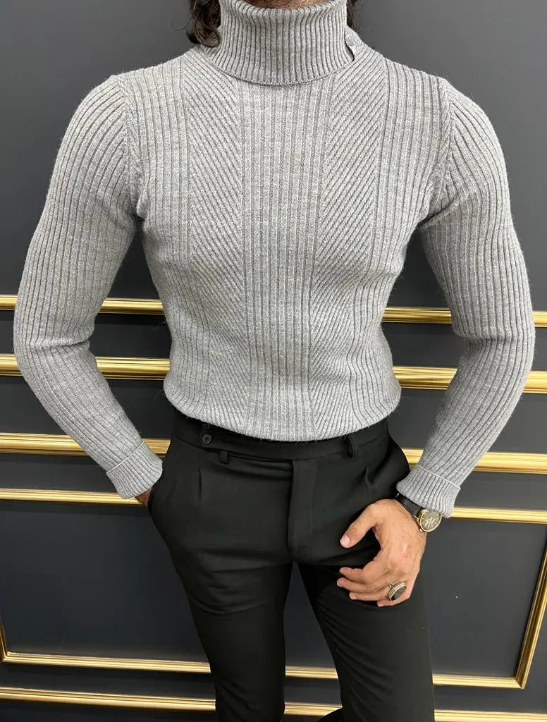 Berton Gray Slim Fit Turtleneck Striped Sweater - BRABION