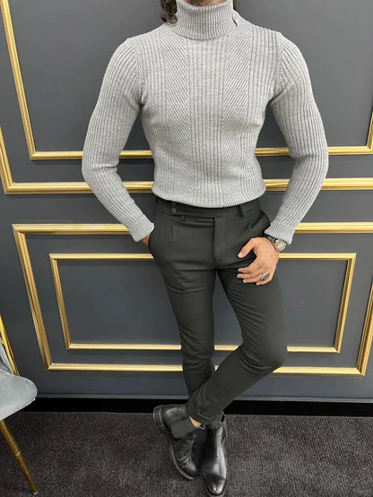 Berton Gray Slim Fit Turtleneck Striped Sweater - BRABION