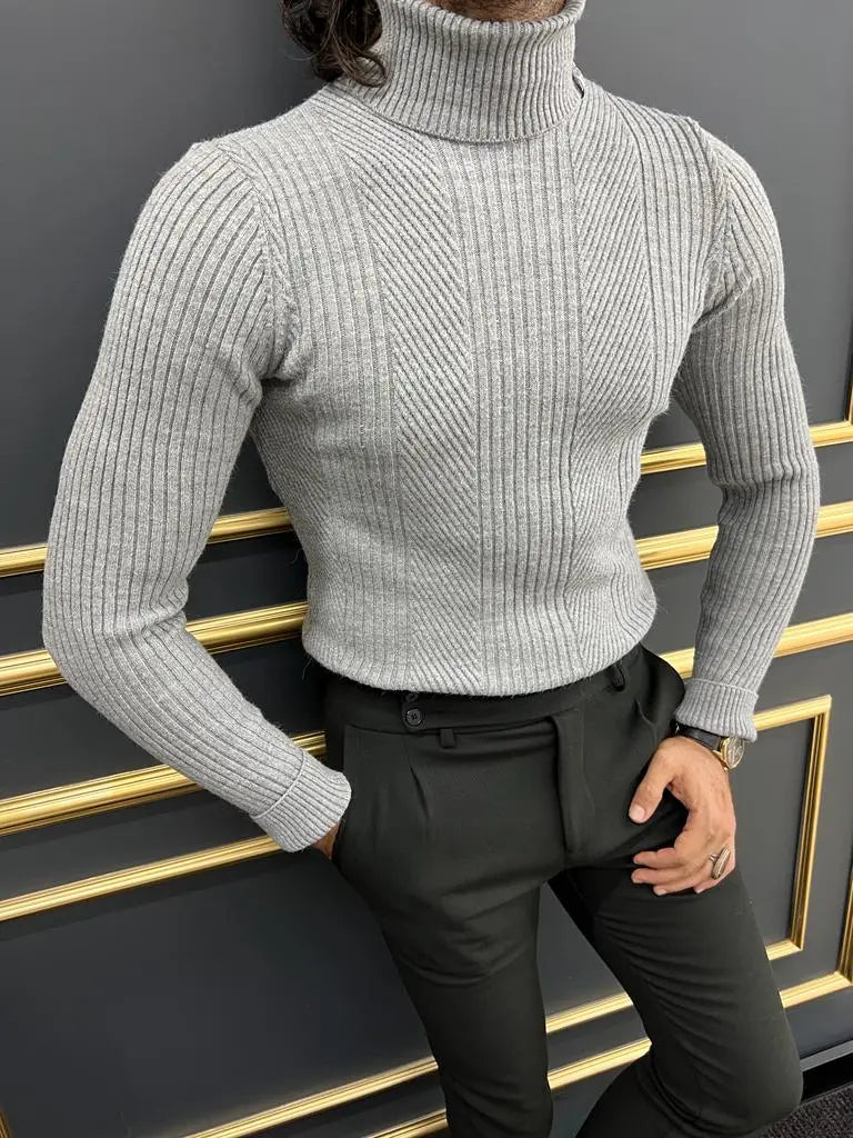 Berton Gray Slim Fit Turtleneck Striped Sweater - BRABION