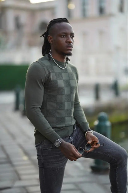 Amber Green Slim Fit Patterned Crewneck Sweater - BRABION