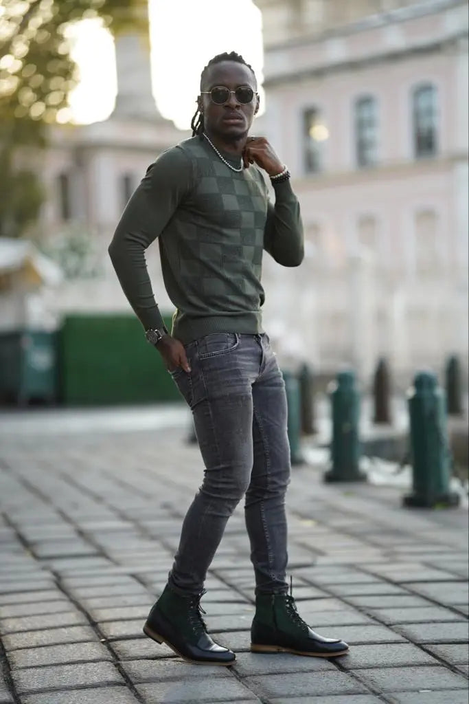 Amber Green Slim Fit Patterned Crewneck Sweater - BRABION