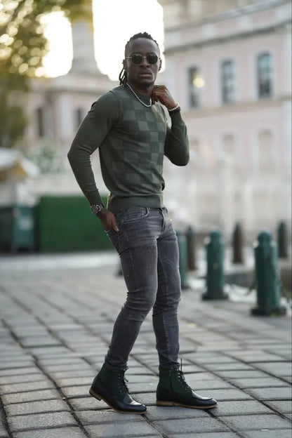 Amber Green Slim Fit Patterned Crewneck Sweater - BRABION
