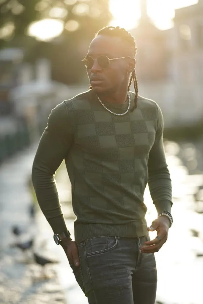 Amber Green Slim Fit Patterned Crewneck Sweater - BRABION