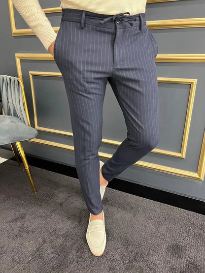 Avion Navy Blue Slim Fit Laced Striped Pants - BRABION