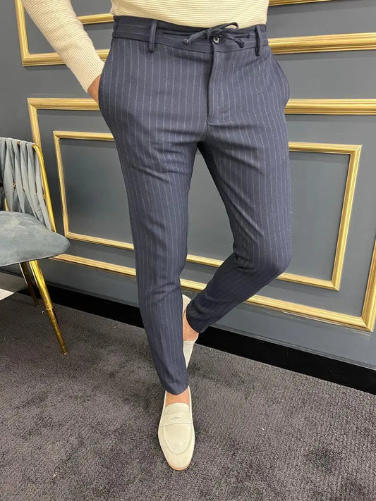Avion Navy Blue Slim Fit Laced Striped Pants - BRABION