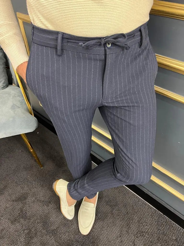 Avion Navy Blue Slim Fit Laced Striped Pants - BRABION