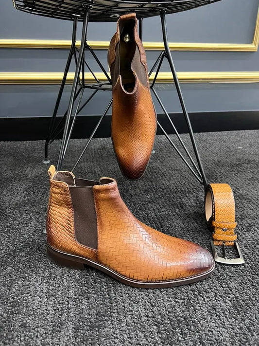 Berton Tan Woven Pattern Chelsea Boots for Men - BRABION