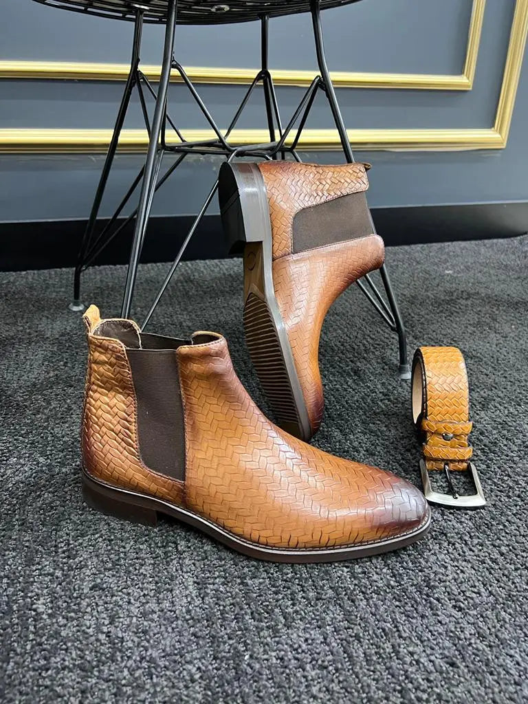 Berton Tan Woven Pattern Chelsea Boots for Men - BRABION