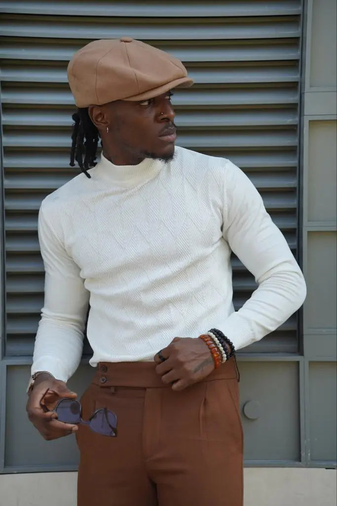 Amber White Slim Fit Mock Turtleneck Sweater for Men - BRABION
