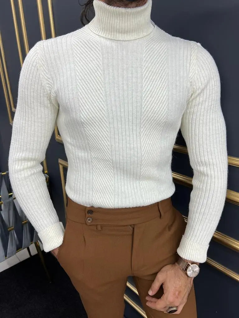 Berton White Slim Fit Turtleneck Striped Sweater - BRABION