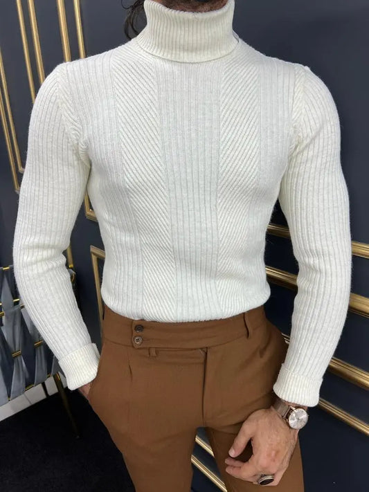 Berton White Slim Fit Turtleneck Striped Sweater - BRABION