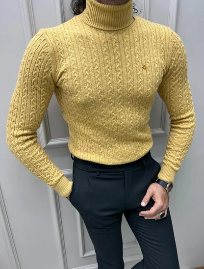 Berton Yellow Slim Fit Striped Pattern Turtleneck Sweater - BRABION