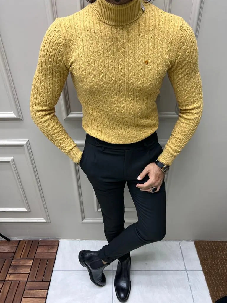 Berton Yellow Slim Fit Striped Pattern Turtleneck Sweater - BRABION