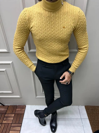 Berton Yellow Slim Fit Striped Pattern Turtleneck Sweater - BRABION