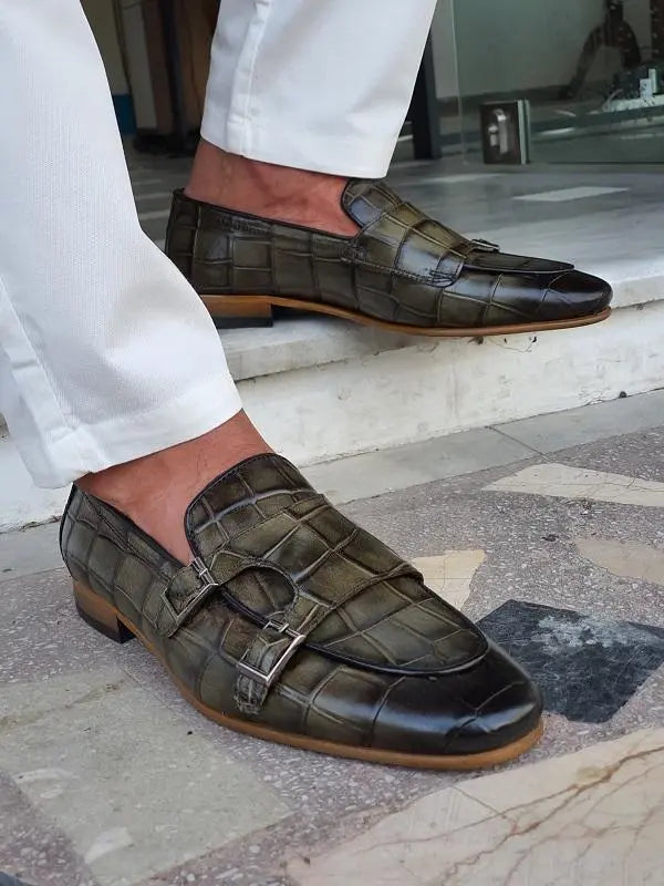Livorno Green Double Monk Strap Loafers: Elegant Footwear for the Modern Man - BRABION