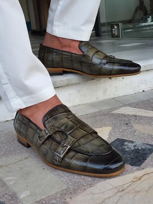 Livorno Green Double Monk Strap Loafers: Elegant Footwear for the Modern Man - BRABION