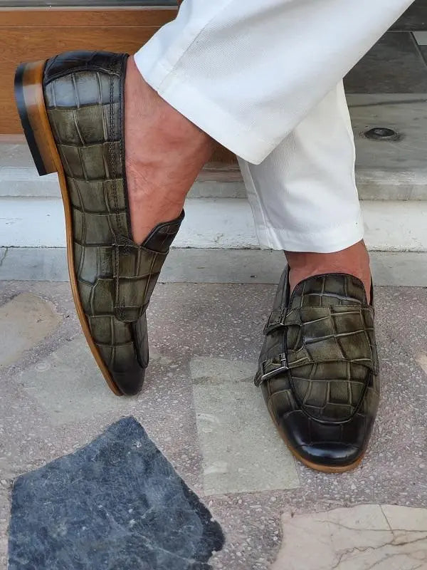 Livorno Green Double Monk Strap Loafers: Elegant Footwear for the Modern Man - BRABION
