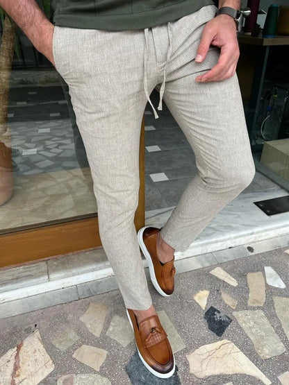 Tampa Beige Slim Fit Linen Laced Pants - BRABION