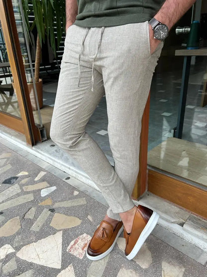 Tampa Beige Slim Fit Linen Laced Pants - BRABION