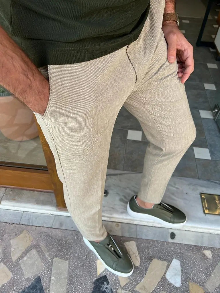 Tampa Beige Slim Fit Linen Pants - BRABION