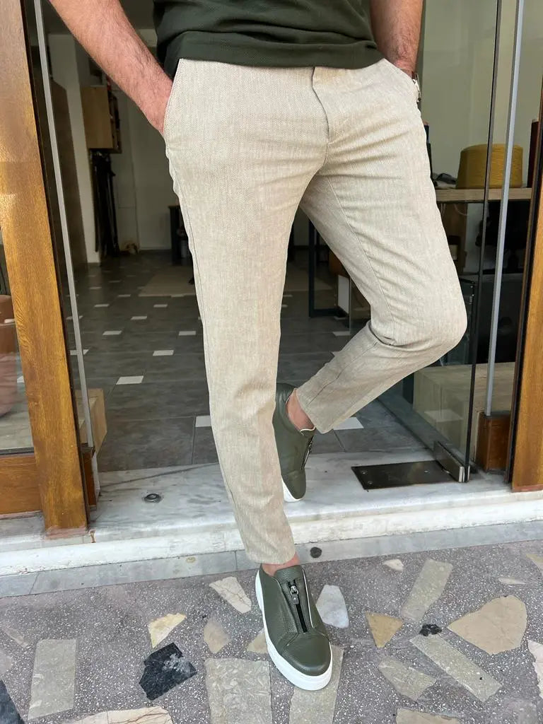 Tampa Beige Slim Fit Linen Pants - BRABION