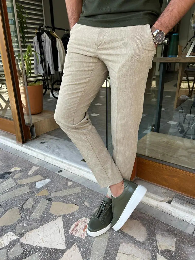 Tampa Beige Slim Fit Linen Pants - BRABION