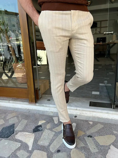 Tampa Beige Slim Fit Pinstripe Linen Pants - BRABION
