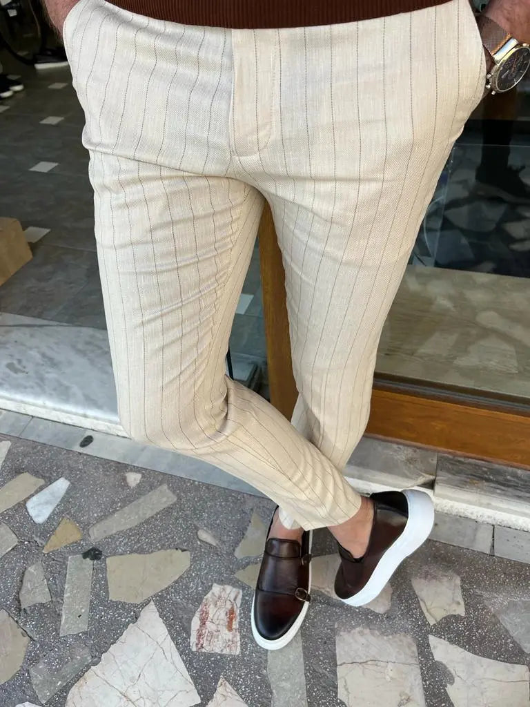 Tampa Beige Slim Fit Pinstripe Linen Pants - BRABION