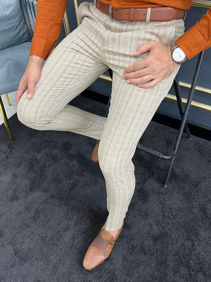 Tampa Beige Slim Fit Plaid Pants - BRABION