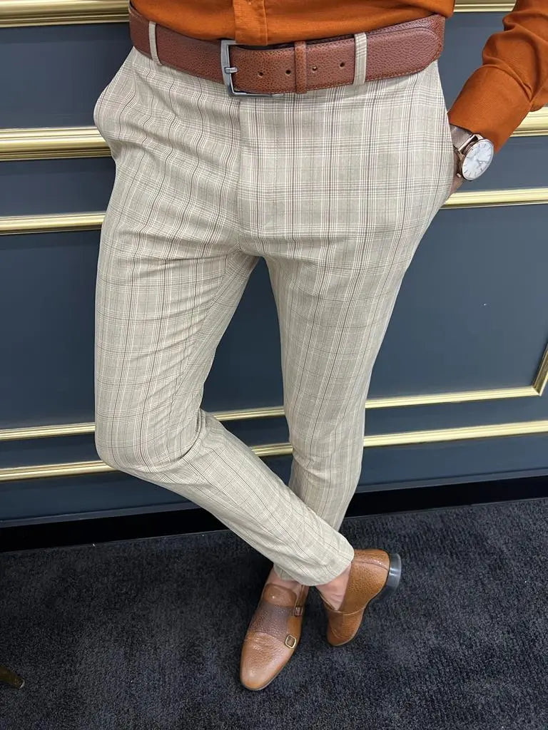 Tampa Beige Slim Fit Plaid Pants - BRABION