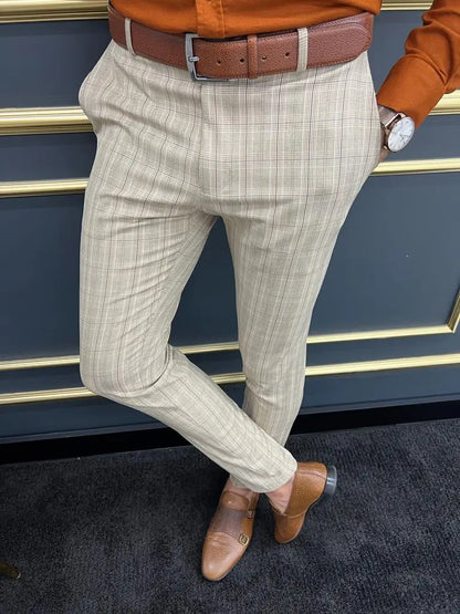 Tampa Beige Slim Fit Plaid Pants - BRABION