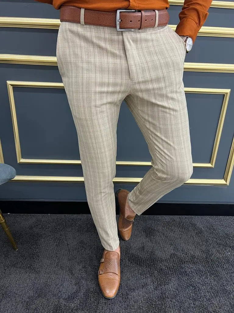 Tampa Beige Slim Fit Plaid Pants - BRABION