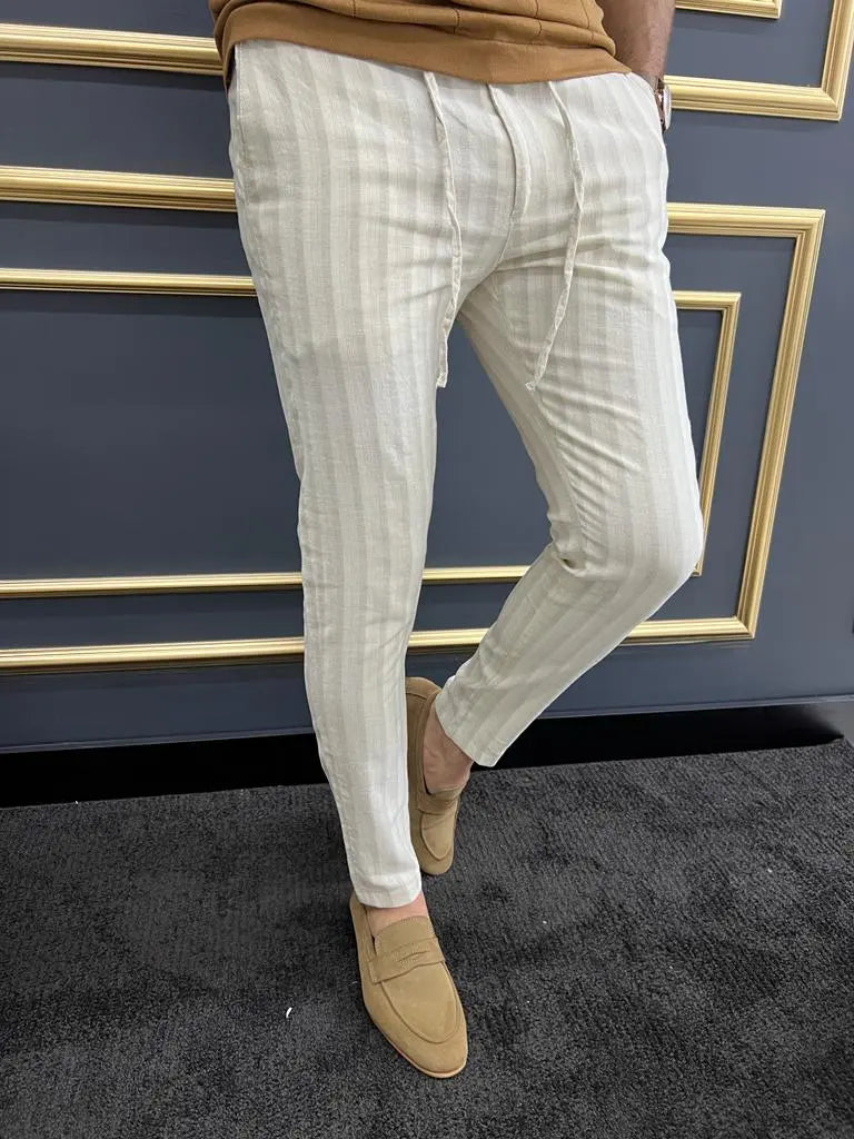 Tampa Beige Slim Fit Striped Laced Pants - The Perfect Blend of Comfort and Style - BRABION