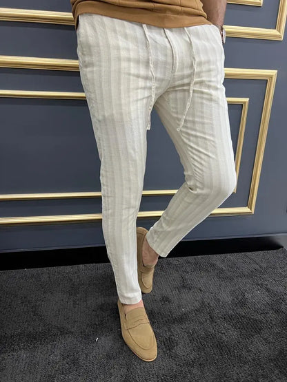 Tampa Beige Slim Fit Striped Laced Pants - The Perfect Blend of Comfort and Style - BRABION