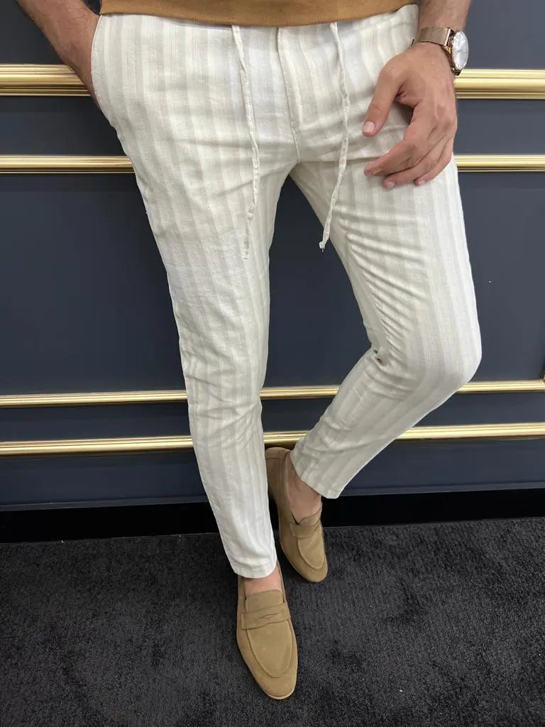 Tampa Beige Slim Fit Striped Laced Pants - The Perfect Blend of Comfort and Style - BRABION