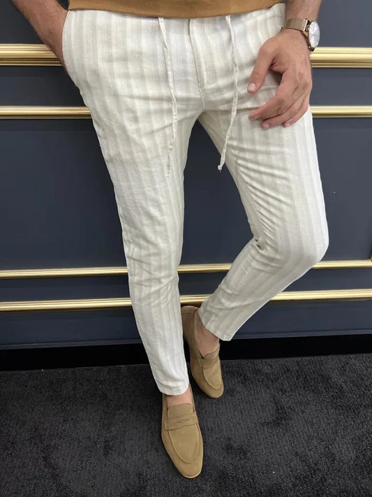 Tampa Beige Slim Fit Striped Laced Pants - The Perfect Blend of Comfort and Style - BRABION