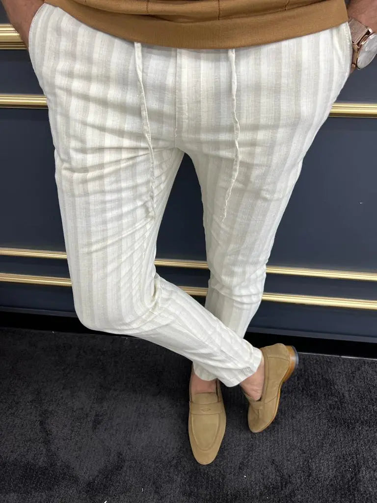 Tampa Beige Slim Fit Striped Laced Pants - The Perfect Blend of Comfort and Style - BRABION