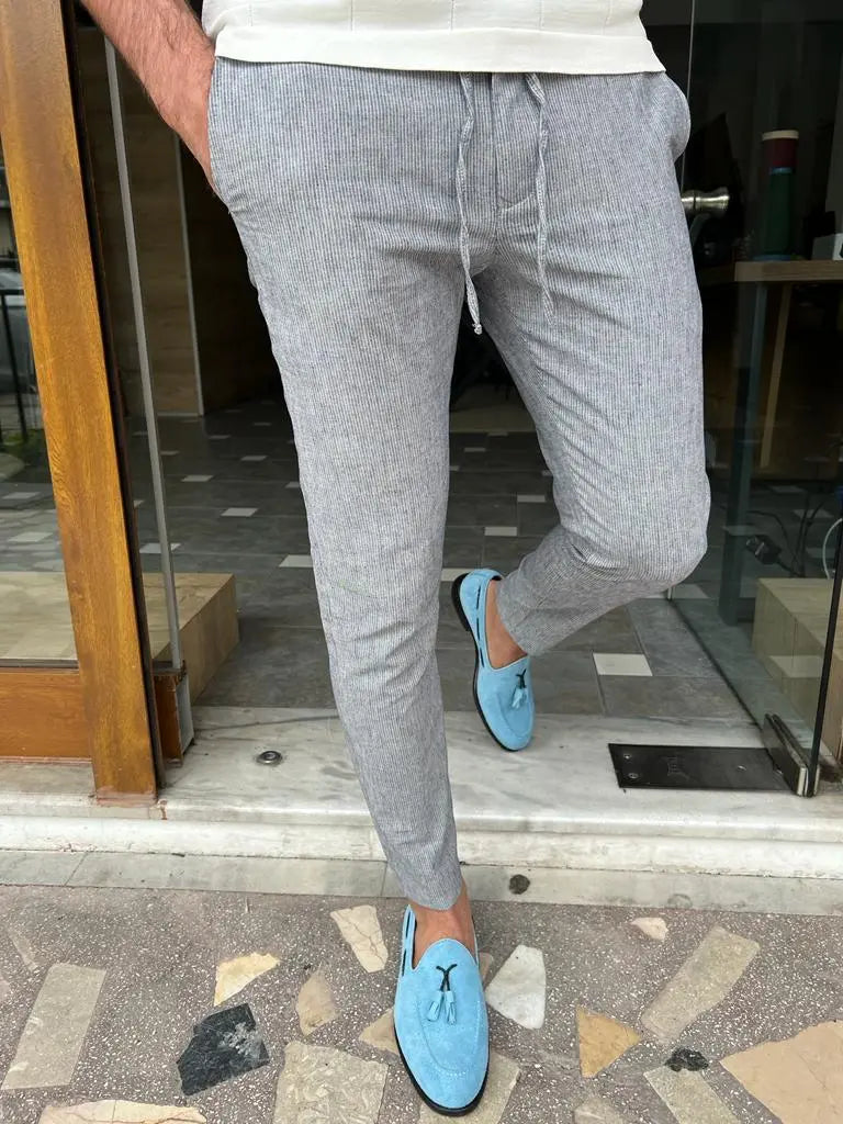 Tampa Blue Slim Fit Linen Laced Pants for Versatile Styling - BRABION
